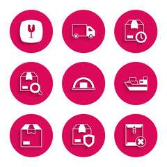 Set Warehouse, Delivery security with shield, Delete envelope, Cargo ship boxes delivery, Carton cardboard, Search package, Cardboard clock and Fragile broken glass icon. Vector
