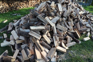 a huge pile of roughly chopped firewood near the hut