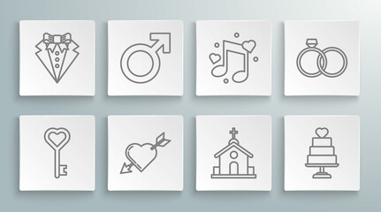 Set line Key in heart shape, Male gender symbol, Amour with and arrow, Church building, Wedding cake, Music note, tone hearts, rings and Suit icon. Vector
