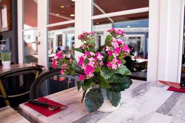 A beautiful artificial flower on a table in a restaurant. And a knife and fork on napkins lie nearby. High quality photo