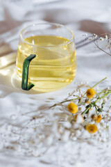 Cup of chamomile tea in transparent mug served with slice of lemon and orange. Tea break. 