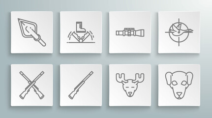 Set line Two crossed shotguns, Trap hunting, Hunting, Moose head with horns, dog, Sniper optical sight, on duck crosshairs and Hipster arrow tip icon. Vector