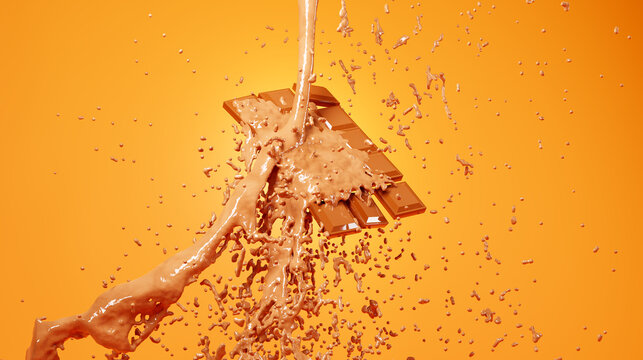 Syrup is poured on a chocolate bar, realistic 3D illustration. Pouring caramel syrup on a chocolate bar, 3d rendering. A splash of sweet sauce.
