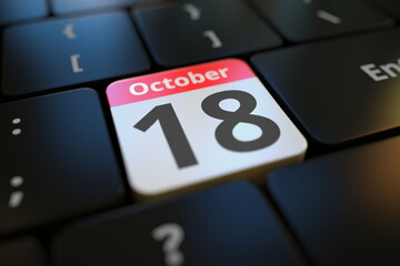October 18 date on a keyboard key, 3d rendering