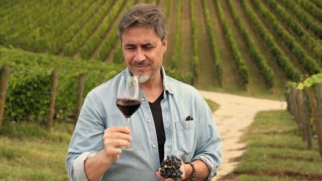 Portrait of happy vintner in vineyard during vintage holding glass of red wine and bunch of grape.