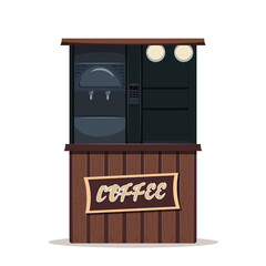 Empty counter with coffee machine. Empty shelves for different coffee takeout cups. Vector illustration