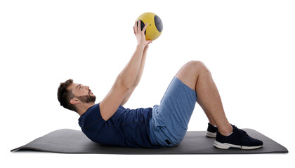 Fototapeta na wymiar Athletic man doing exercise with medicine ball isolated on white