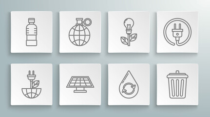 Set line Electric saving plug in leaf, Planet earth and recycling, Solar energy panel, Recycle clean aqua, Trash can, Light bulb with, and Bottle of water icon. Vector