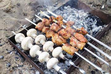 cooking food outdoors, meat and mushrooms onions on fire on picnic. metal skewers barbeque