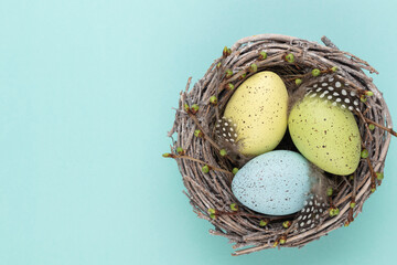 Easter greeting card. Easter eggs in the nest.