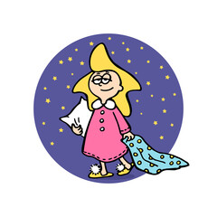 Sleepy little star girl in pajamas with a pillow and a blanket in slippers goes to bed