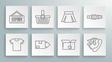 Set line T-shirt, Shopping basket, Carton cardboard box, Telephone 24 hours support, Skirt, Leather belt and Hanging sign with Open icon. Vector