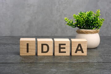 idea word is written on wooden cubes on a gray background. close-up of wooden elements. In the background is a green flower in a tub
