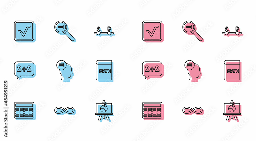 Poster set line chalkboard, function mathematical symbol, open book, xyz coordinate system, test exam sheet