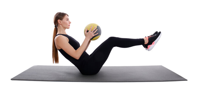 Athletic Woman Doing Exercise With Medicine Ball Isolated On White