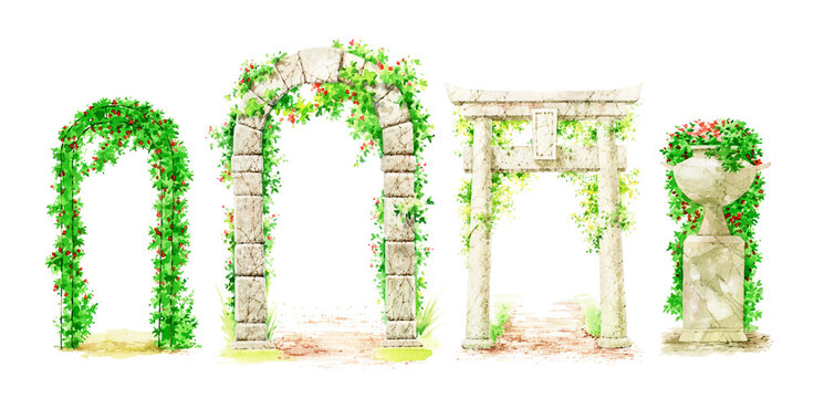 A set of stone gates isolated on a white background. Ancient stone gates entwined with plants painted in watercolor. Japanese ancient torii and a park vase.
