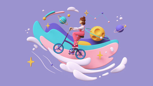 Kawaii funny girl wears pink apron rides bicycle up on white clouds in space on lilac backdrop with floating purple turquoise clouds, stars planets, yellow moon. Minimal art, moving forward. 3d render © roman3d