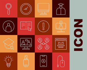 Set line Computer mouse, Browser window, Video chat conference, monitor screen, Online book, Create account, Magnifying glass and Information icon. Vector