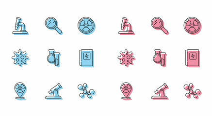 Set line Radioactive in location, Telescope, Microscope, Molecule, Test tube and flask, Electrical panel, Virus and Magnifying glass icon. Vector