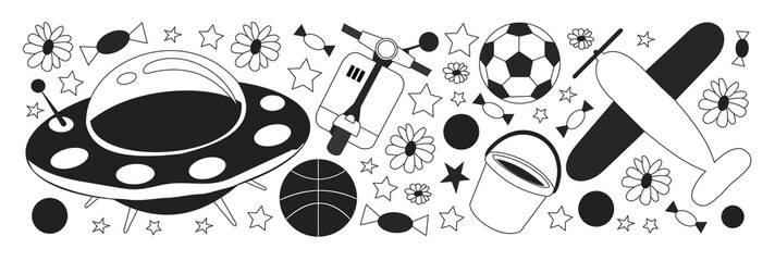 Kindergarten pattern with little children and toys. Creativity and imagination.