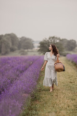 Summer season.Lavender fields. A girl walking early in the morning with a basket in lavender fields. Rural area