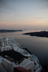 Panoramic view of the picturesque village of Fira Santorini and the aegean sea