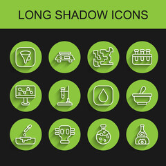 Set line Petri dish with pipette, Gas mask, Funnel or filter, Test tube and flask, on fire, Mortar pestle and Water drop icon. Vector