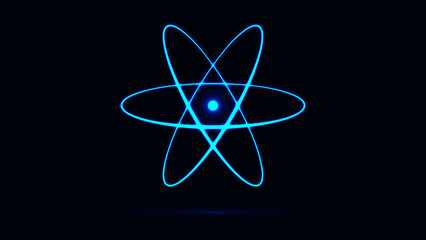 Blue atom symbol on black background