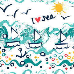 Seamless sea pattern with hand painted gouache ships. Background for greeting cards, invitations, kids decorations. Vector repeating texture.