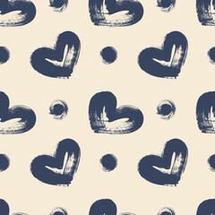 Hand drawn dry brush seamless background. Vector pattern with hearts.