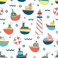 Seamless background with cartoon ships. Children's style.