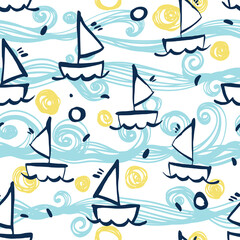 Seamless sea pattern with hand painted gouache ships. Background for greeting cards, invitations, kids decorations. Vector repeating texture.
