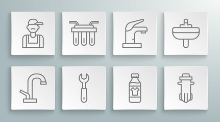 Set line Water tap, filter, Wrench spanner, Bottle for cleaning agent, Washbasin and Plumber icon. Vector