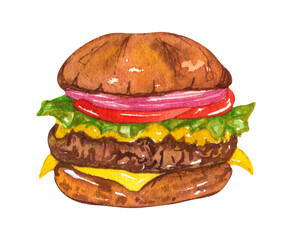 Watercolor traditional hamburger. Hand Drawn beef burger with onion and cheese Illustration