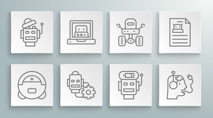 Set line Robot vacuum cleaner, Creating robot, setting, low battery charge, charging, Mars rover, Technical specification and icon. Vector