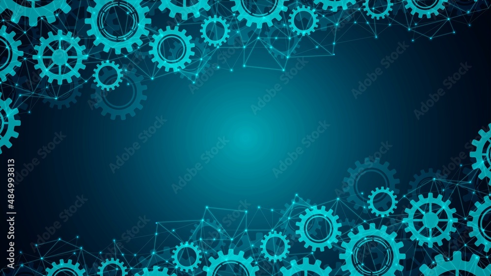 Poster vector glowing neon frame background. design of technical mechanisms, gears. the texture of the netw