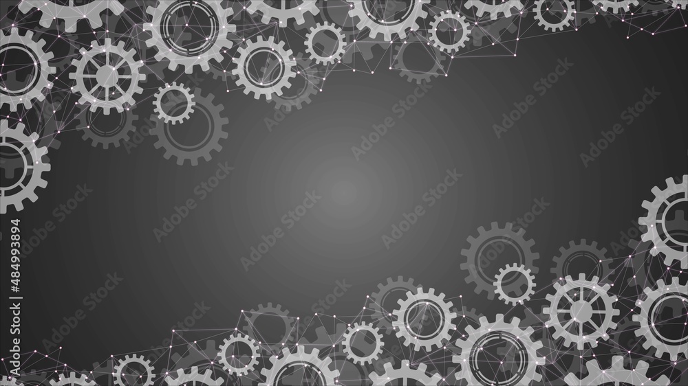 Poster vector halftone frame background. design of technical mechanisms, gears. texture of connection plexu