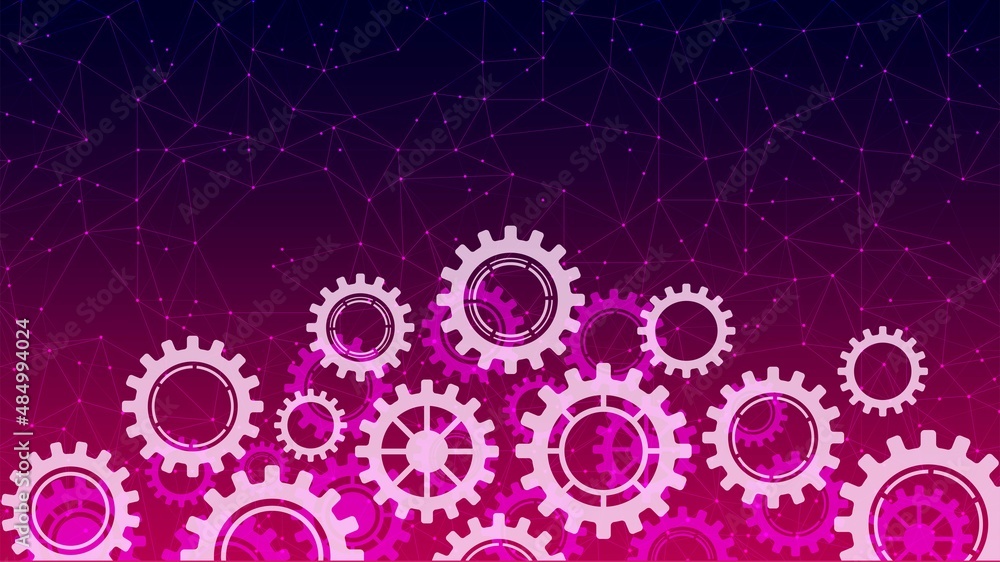 Poster vector glowing neon background. design of technical mechanisms, gears. the texture plexus network li
