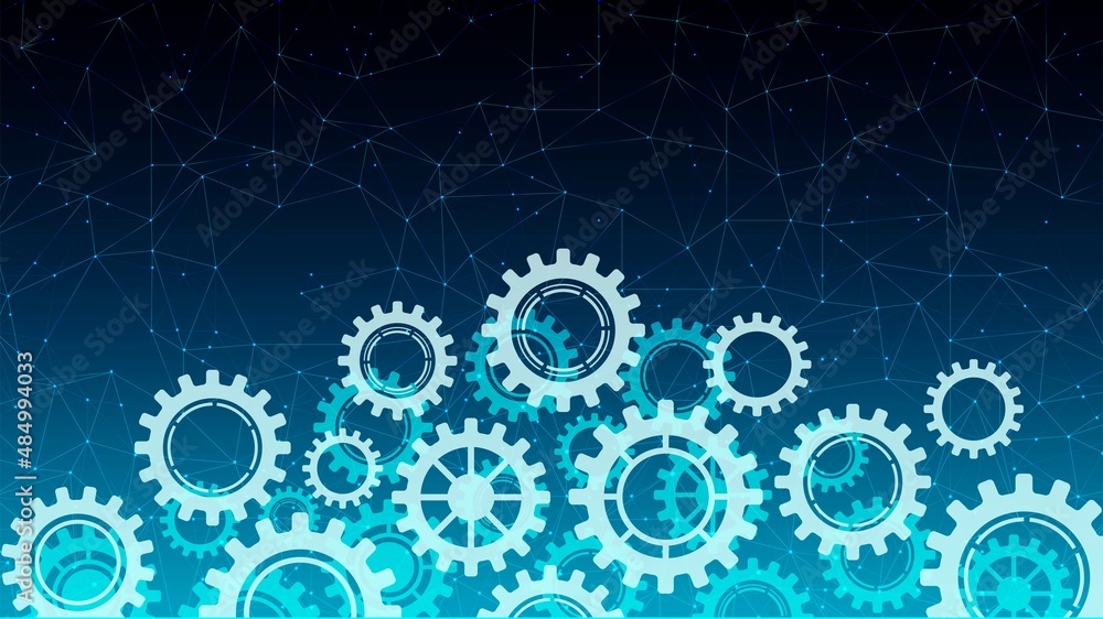 Poster vector glowing neon background. design of technical mechanisms, gears. the texture plexus network li