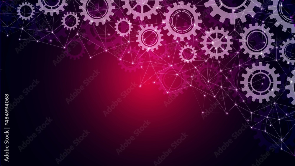 Poster vector glowing neon background. design of technical mechanisms, gears. the texture plexus network li