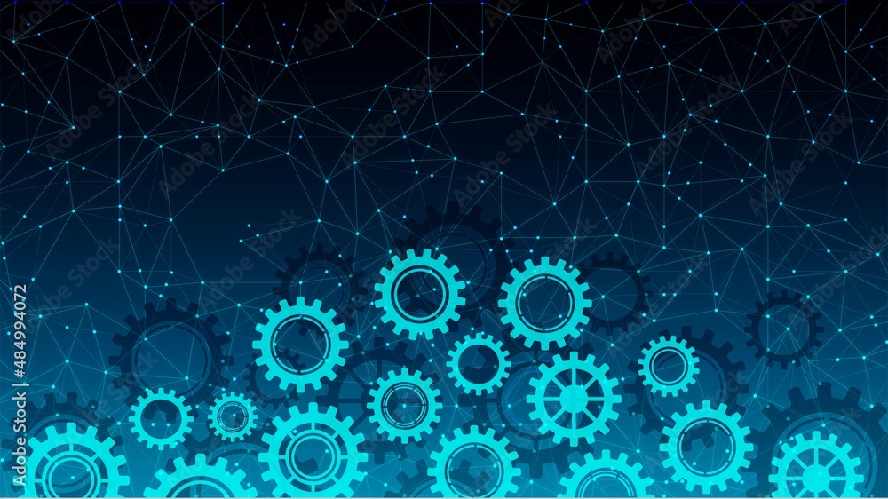 Poster vector glowing neon background. design of technical mechanisms, gears. the texture plexus network li