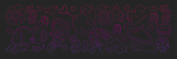 School and kindergarten vector pattern with little children. Girl and boys play and study