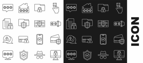 Set line Lock on monitor, Credit card with shield, Password protection, Folder and lock, Document folder, and Shield brick wall icon. Vector