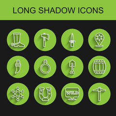 Set line Hexagram sheriff, Horseshoe, Cowboy boot, Pointer to wild west, Pickaxe, Canteen water bottle, Gun powder barrel and Shovel icon. Vector