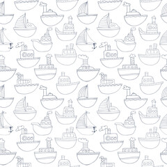 Seamless pattern with cartoon ships and yachts. Vector illustration for printing on fabric, wrapping paper. Cute baby background.