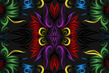 seamless colourful caleidoscope gradient flower art pattern of indonesian traditional tenun batik ethnic dayak ornament for wallpaper ads background sticker or clothing