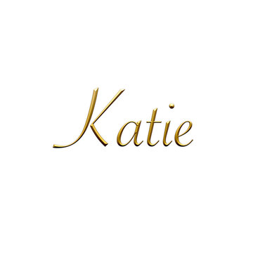 Katie - Female Name . Gold 3D Icon On White Background. Decorative Font. Template, Signature Logo.