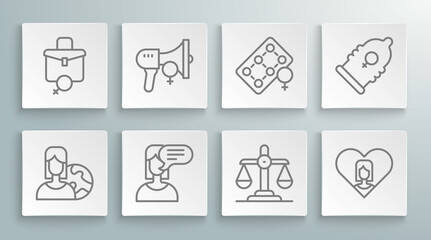 Fototapeta na wymiar Set line Women from different countries, Feminist activist, Female opinion, Gender equality, Heart with female, Packaging of birth control pills, Condom and Work for icon. Vector