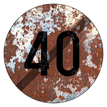 Old grunge EU road sign Prohibitory sign - End maximum speed limit
