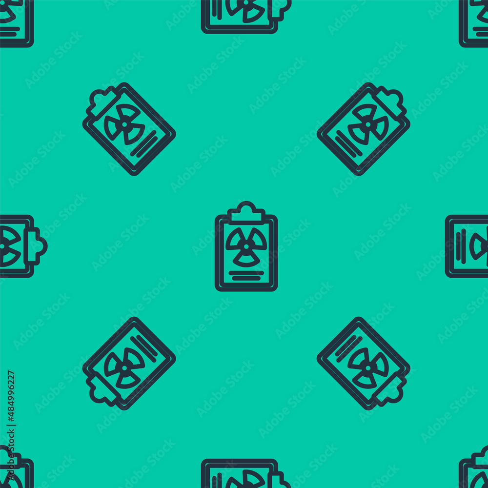 Poster blue line radiation warning document icon isolated seamless pattern on green background. text file. 
